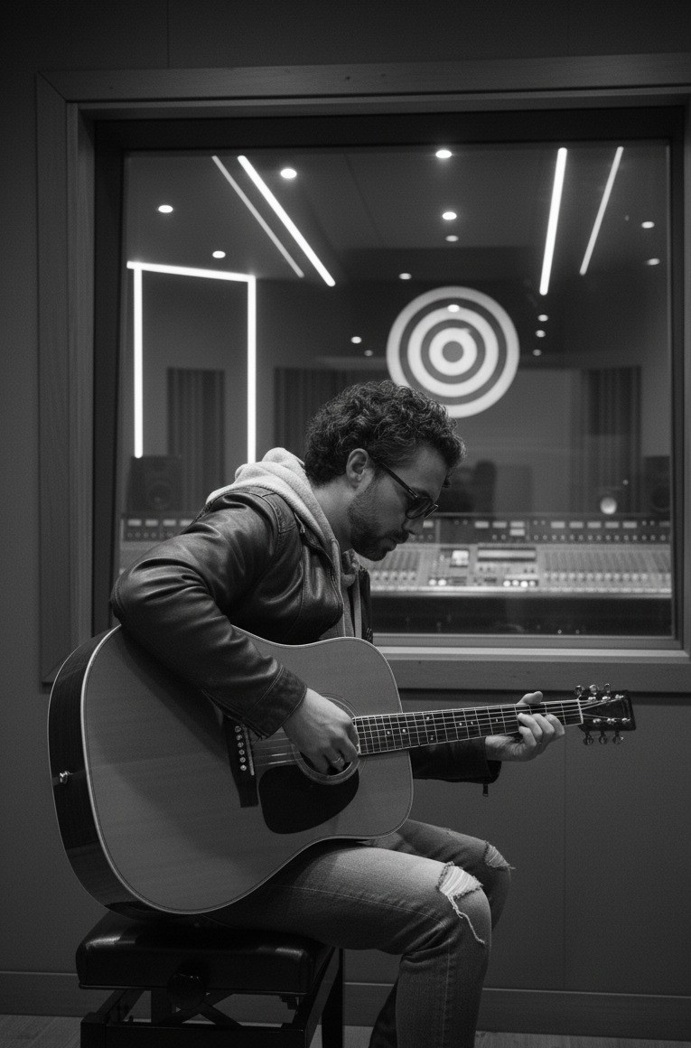 Francisco "Paco" Castro tocando guitarra acústica en el estudio de Back Music